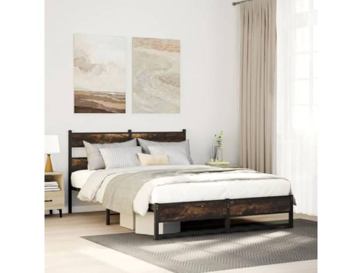 Robustes Stahlbettgestell mit Stauraum klassisches Design 140x200 Braun Metallbett ohne Matratze Räuchereiche 140x200 cm Stahlgestell mit Lattenrost und Stauraum, robustes Bettgestell mit Kopfteil