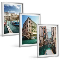 BILDER SET 3er Set - 40x60 cm Silberner Rahmen - Architektur der Kanäle von Venedig