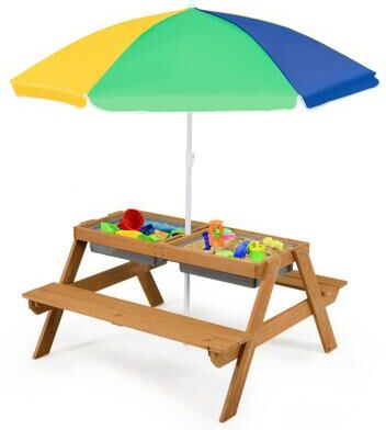 Costway 3-in-1 Kids Outdoor Picnic Water Sand Table with Umbrella Play Boxes-Yellow