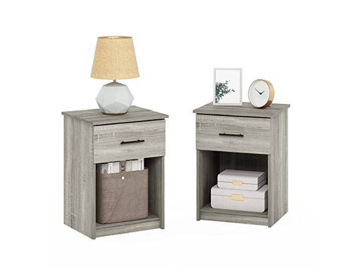 Furinno TIDUR Set of 2, moderner Nachttisch mit Schublade mit Aufbewahrungsregal, Beistelltisch, Beistelltisch, Bügelgriff-Schublade, für Schlafzimmer, Wohnzimmer, Graue Eiche