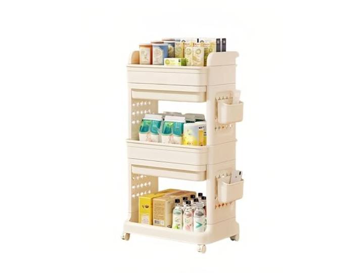 Kx9Lb8d Rollwagen Rollbarer Aufbewahrungswagen, mehrstöckiges, bewegliches Snack-Organizer-Regal for das Wohnzimmer(Weiß,Klein)