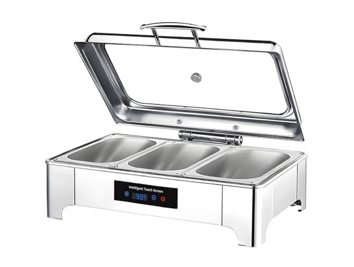 Chafing Dish Elektrisch, Edelstahl Speisewärmer Buffetwärmer Glasdeckel 9L Einstellbare Temperatur Warmhaltebehälter Essen für Buffets und Partys, Touch-Temperaturregelung (30-85℃)