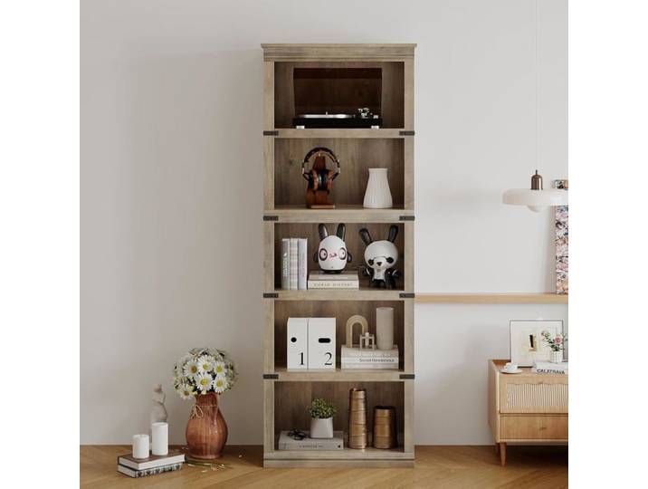 Bibliothèque 5 Niveaux Grande Bibliothèque Ouverte en Bois avec Rangement pour Bureau Salon Et Chambre Gris