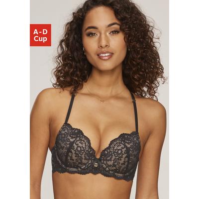 Push-up-BH JETTE, Damen, Gr. 80, Cup C, braun (schwarz, toffee), Spitze, Obermaterial: 90% Polyamid, 10% Elasthan, BHs BH Push-up-BH Spitzenwäsche Spitzen-BH, mit raffinierten Trägern in Bänder-Optik, sexy Dessous