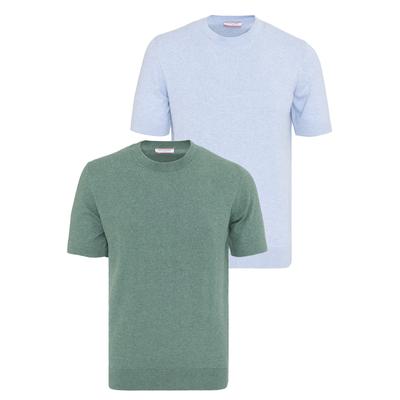 T-Shirt FELIX HARDY "Basic-Strick-T-Shirt, 2er-Pack", Herren, Gr. M, bunt (grün meliert, blau meliert), 100% Baumwolle, Shirts T-Shirt