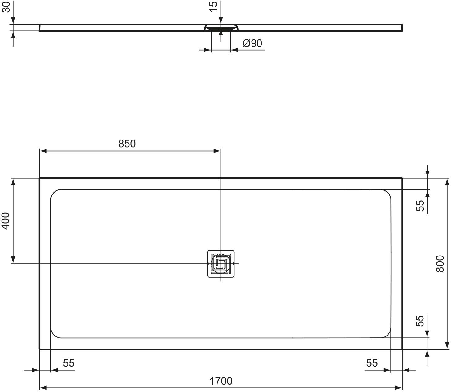 Ideal Standard Flat S + Rechteck-Brausewanne 170 x 80 cm, Ablaufposition: zentriert, Duschwannen, T5611FR, carraraweiß