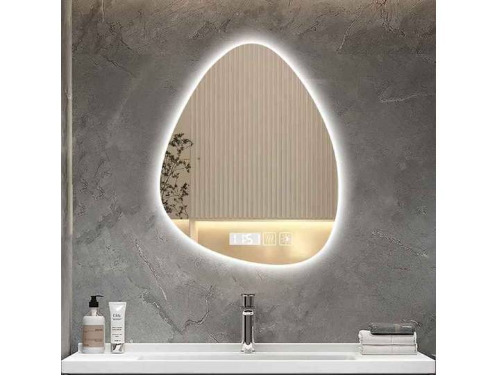 Miroir de salle de bain asymétrique LED 40x60CM lumière tricolore luminosité réglable affichage de l'heure anti-buée