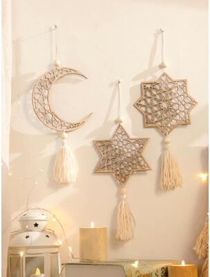 Inspired Finds Wooden Ramadan Moon Hanging Ornament Set Ramadan Hanging Ornaments Eid Mubarak Tassel Decor star Tassel 5.31x3.15in