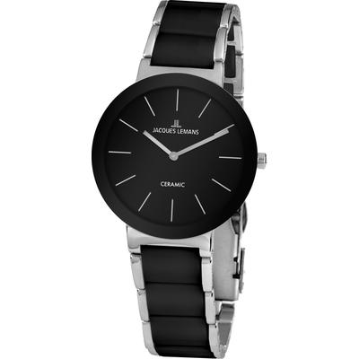 Keramikuhr JACQUES LEMANS "Monaco", schwarz (schwarz, silberfarben, schwarz), Armbanduhren, Damen, silberfarben-schwarz, Quarzuhr, Armbanduhr, Damenuhr, gehärtetes Crystexglas