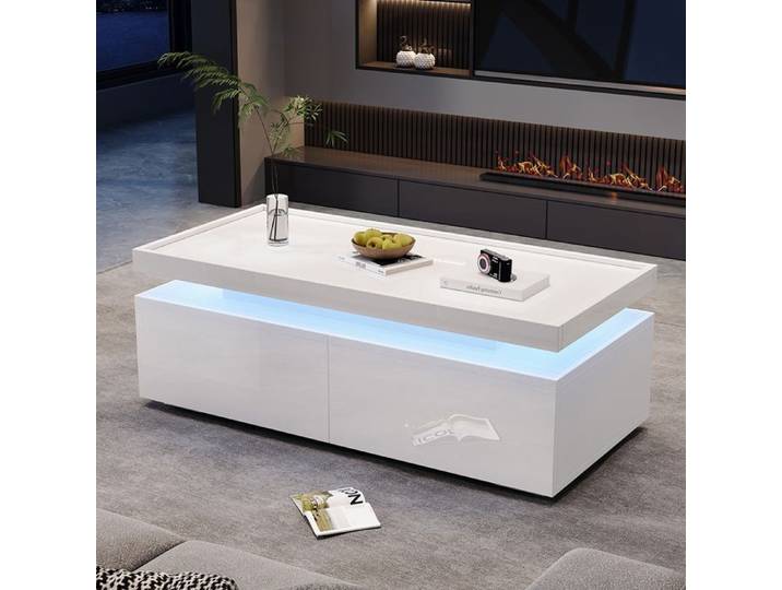Table basse blanche 95x45x35 cm 2 tiroirs LED géométrique