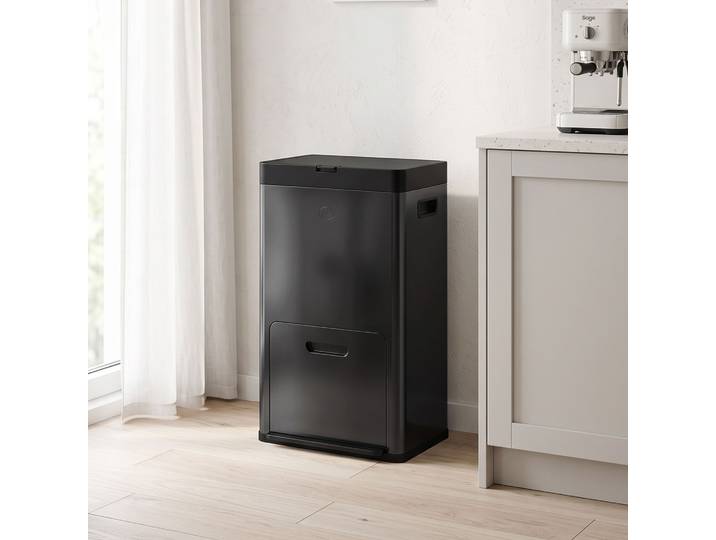 HOMCOM Poubelle Cuisine 56L 3 Compartiments Acier Noir