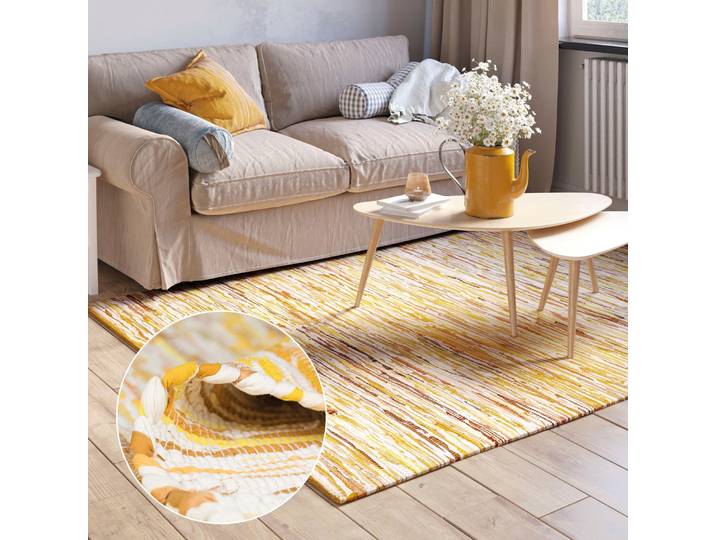 Teppich Ameer , gelb (gelb mix), B:140cm H:10mm L:200cm, Baumwolle, Polyester, MYFLAIR MÖBEL & ACCESSOIRES, Teppiche, Teppich, Handweb Teppich, 90% Baumwolle, handgewebt, Scandi