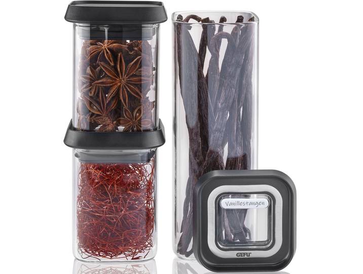 Vorratsdose GEFU PANTRY mini , silber (schwarz, silber), Borosilikatglas, Lebensmittelaufbewahrungsbehälter, Vorratsdose, ideal für Gewürze, Kräuter und Tee