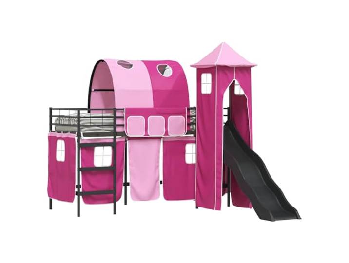PUGYNBK Etagenbett aus Metall, 90 x 190 cm, Schwarz und Rosa Loft-Rahmen mit Vorhängen, atmungsaktives Netzpanel, platzsparend, einfache Reinigung