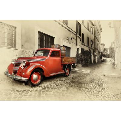 Fototapete PAPERMOON "Rotes Auto in altem Foto", bunt, B:3,5m L:2,6m, Vlies, Tapeten