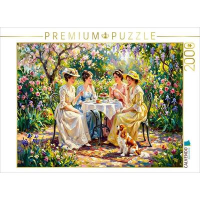 CALVENDO Puzzle Frühlingsgarten Damenrunde mit Spaniel Impressionistisch | 2000 Teile Lege-Größe 90x67cm Foto-Puzzle für glückliche Stunden