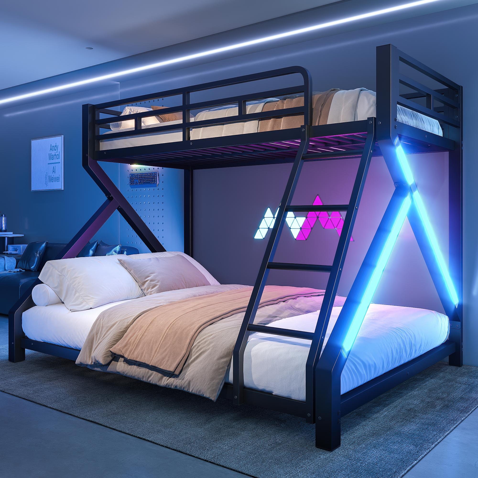 Flieks Etagenbett 90x200cm/140x200cm mit Led, Kinderbett Bodenbett mit Rausfallschutz, Hochbett Metallbett mit Leiter, Stockbett Schwarz