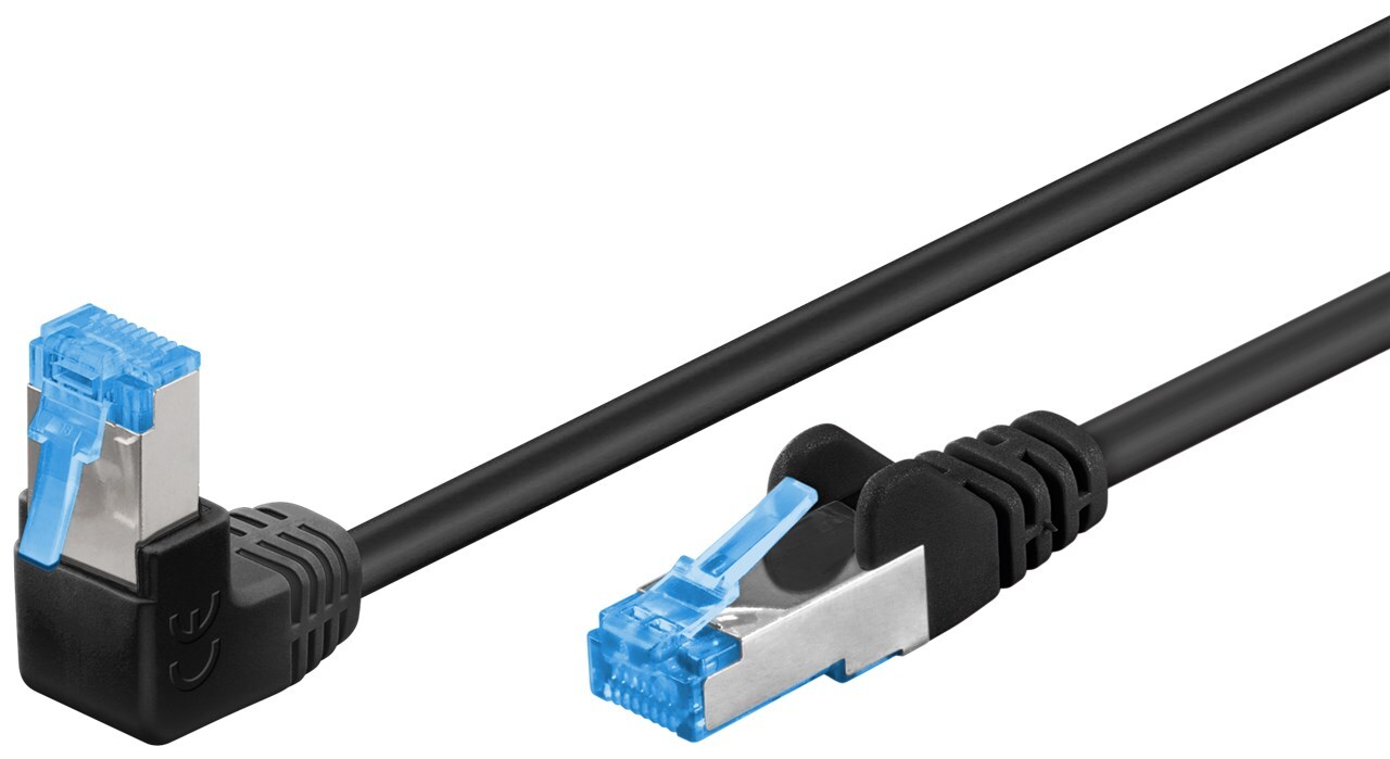 200x Goobay 51557 CAT 6A Patchkabel, 1x mit 90° Winkel, S/FTP (PiMF), schwarz, 1 m, Kupferleiter (CU), halogenfreies Kabel (LSZH), Fixierung oben