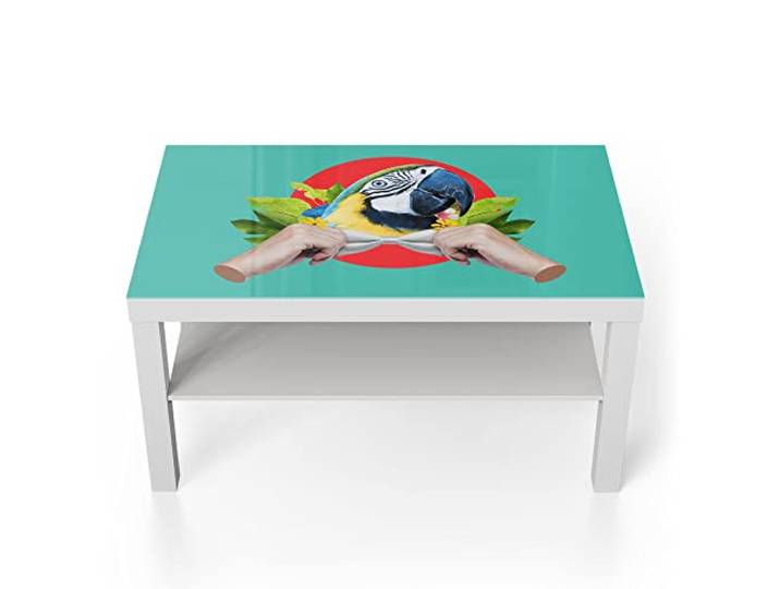 DEQORI Glastisch weiß groß 90x50 cm Motiv Vornehmer Papagei ausgefallener Beistelltisch aus Glas Hochglanz Couchtisch fürs Wohnzimmer moderner Couch Tisch mit Design