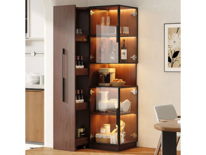 Vitrine de salon avec étagère coulissante – Meuble de présentation LED à double vitrage, meuble en MDF, vitrine en verre et armoire de rangement