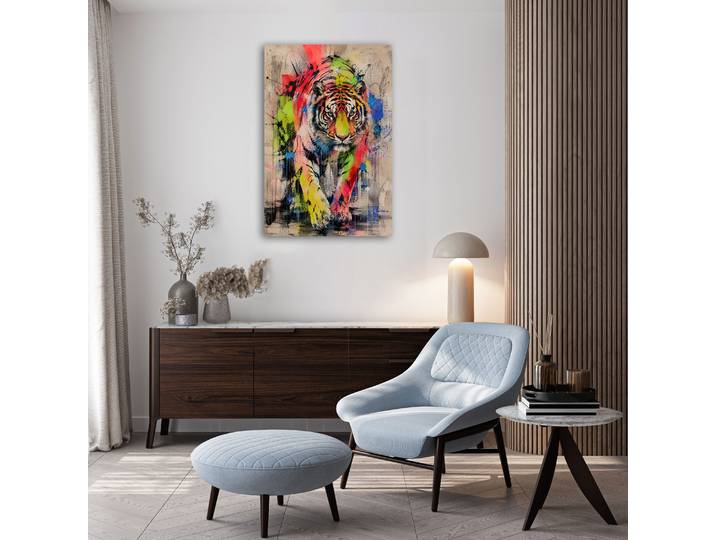 Acrylglasbild QUEENCE Urban Art Bunter Tiger , farbe bild(er): beige,gelb,blau,schwarz,grau,orange,rot, B:40cm H:60cm, Acrylglas, Bilder, Acrylglasbild, Wandbild Wohnzimmerdeko buntes Tiermotiv Abstrakte Kunst