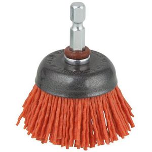 Wolfcraft Drahtbürste 1505000, Topfbürste Ø 50mm, für Bohrmaschine, 6kant-Schaft, gewellten Borsten aus Nylon