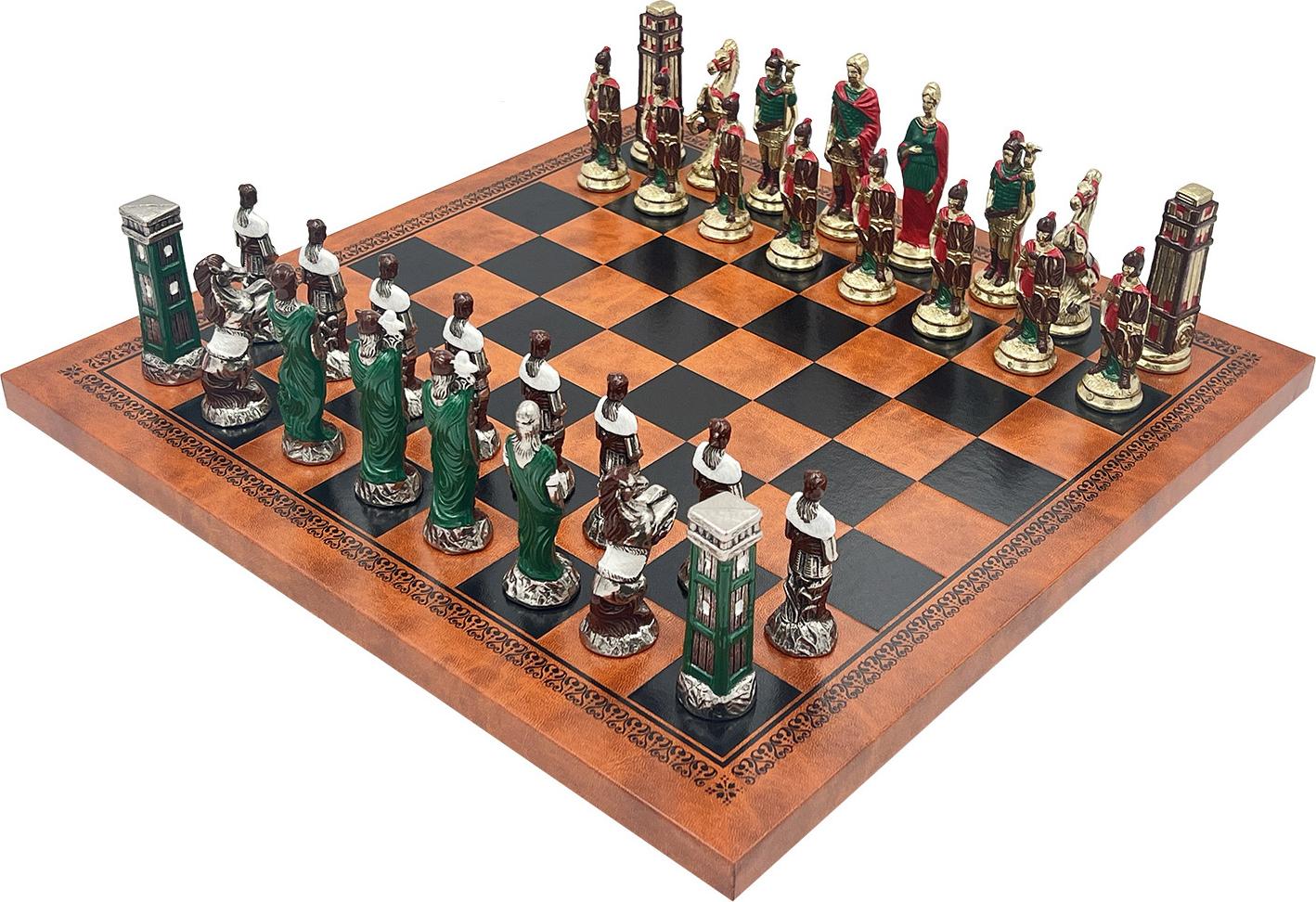Italienisches Schachset Metall Römer Gegen Barbaren + Schachbrett Kunstleder Braun/Schwarz 33