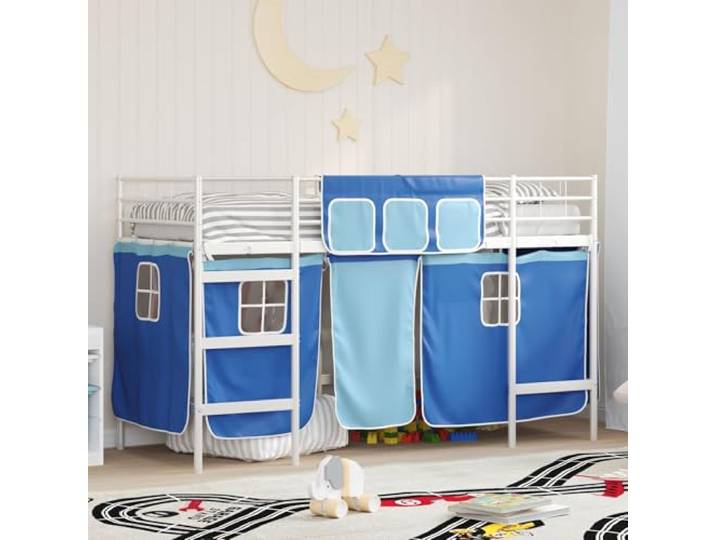 Metallrahmen mit Vorhängen Schlafplatz Rückzugsort Weiß 90 x 190 cm Kinder Hochbett mit Vorhängen Weiß Blau 90x190 cm Metall Gestell Stabil Loftbett Jugendzimmer Rückzugsort Spielen Lesen