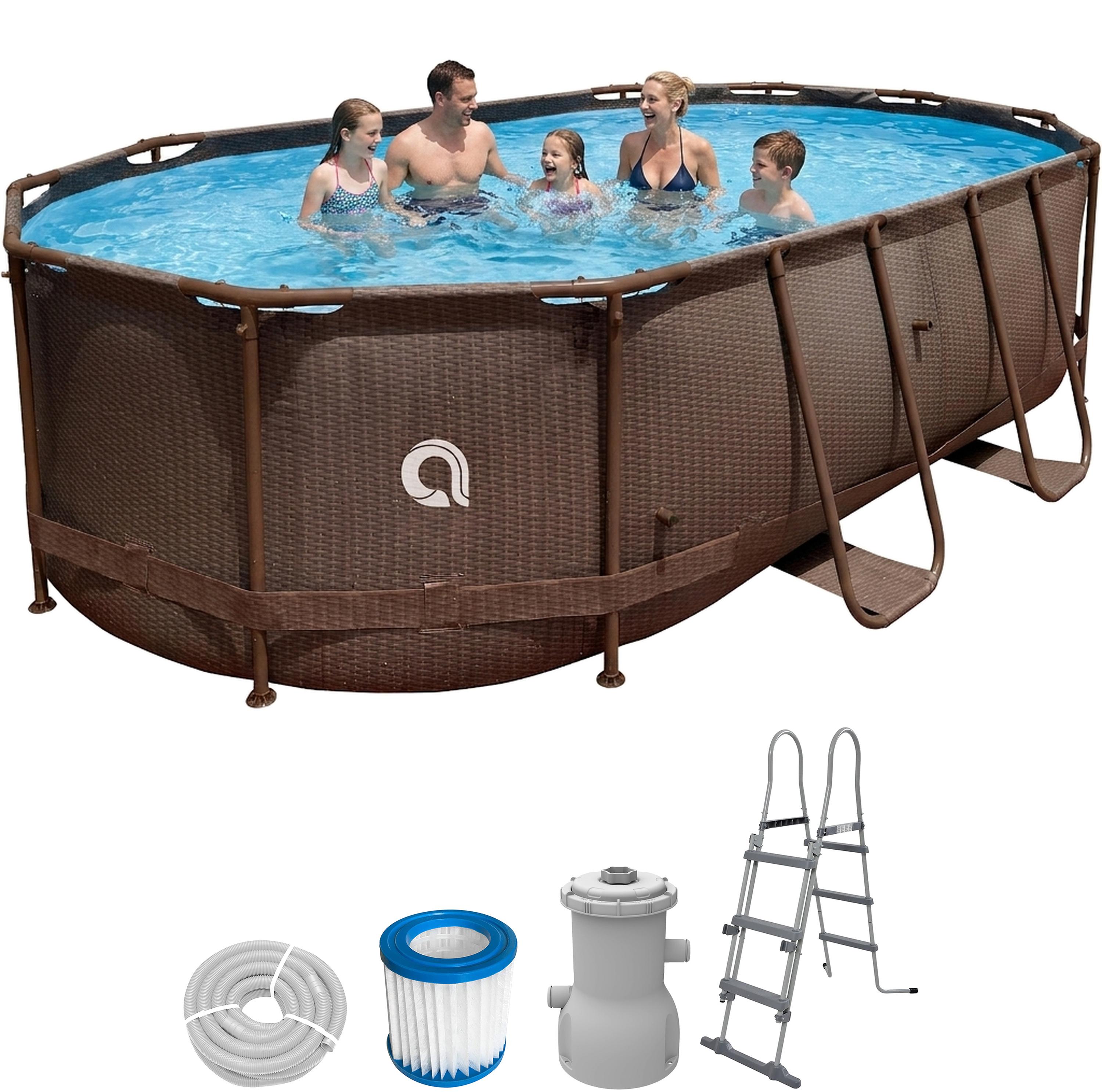 Avenli Frame Oval Pool Set 427x275x100 cm, Aufstellpool, oval, mit Pumpe, braune Rattanoptik