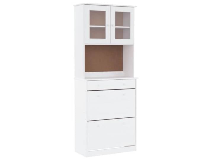 HGFDVCMR Highboard ALTA aus Kiefernholz Weiß 77x35x188 cm Eleganter Vitrinenschrank fürs Wohnzimmer mit Glastüren, Schublade und Holzknöpfen aus robustem Kiefern-Massivholz.