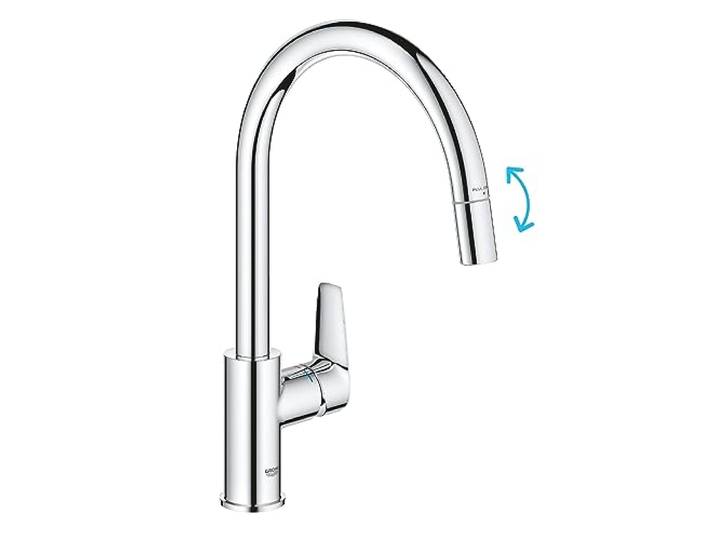 GROHE Start Edge QuickFix - 1 Hebel Küchenarmatur mit Ausziehfunktion (hoher C-Auslauf, 360° Schwenkbereich, 28mm Keramikkartusche, Schwänze 1/2 Zoll, Hochdruck), Größe 357mm, chrom, 30553000