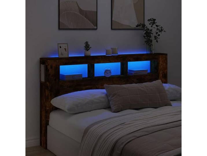 Tête de Lit à LED Panneau avec Rangement Accessoire de Lit Tête de Cadre de Lit Chambre Chêne Fumé 837362