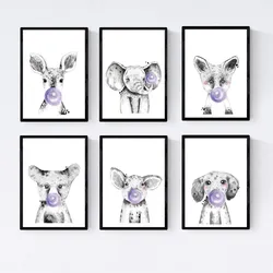 POSTER Set Mit 6 Tiere Babys Mit Kaugummi Hirschschwein Elefant Zorro Bär Hund A3 Schwarzer Rahmen