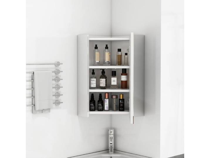 MEUBLIV Armoire de salle de bain d'angle murale miroir 3 faces étagères intégrées blanc