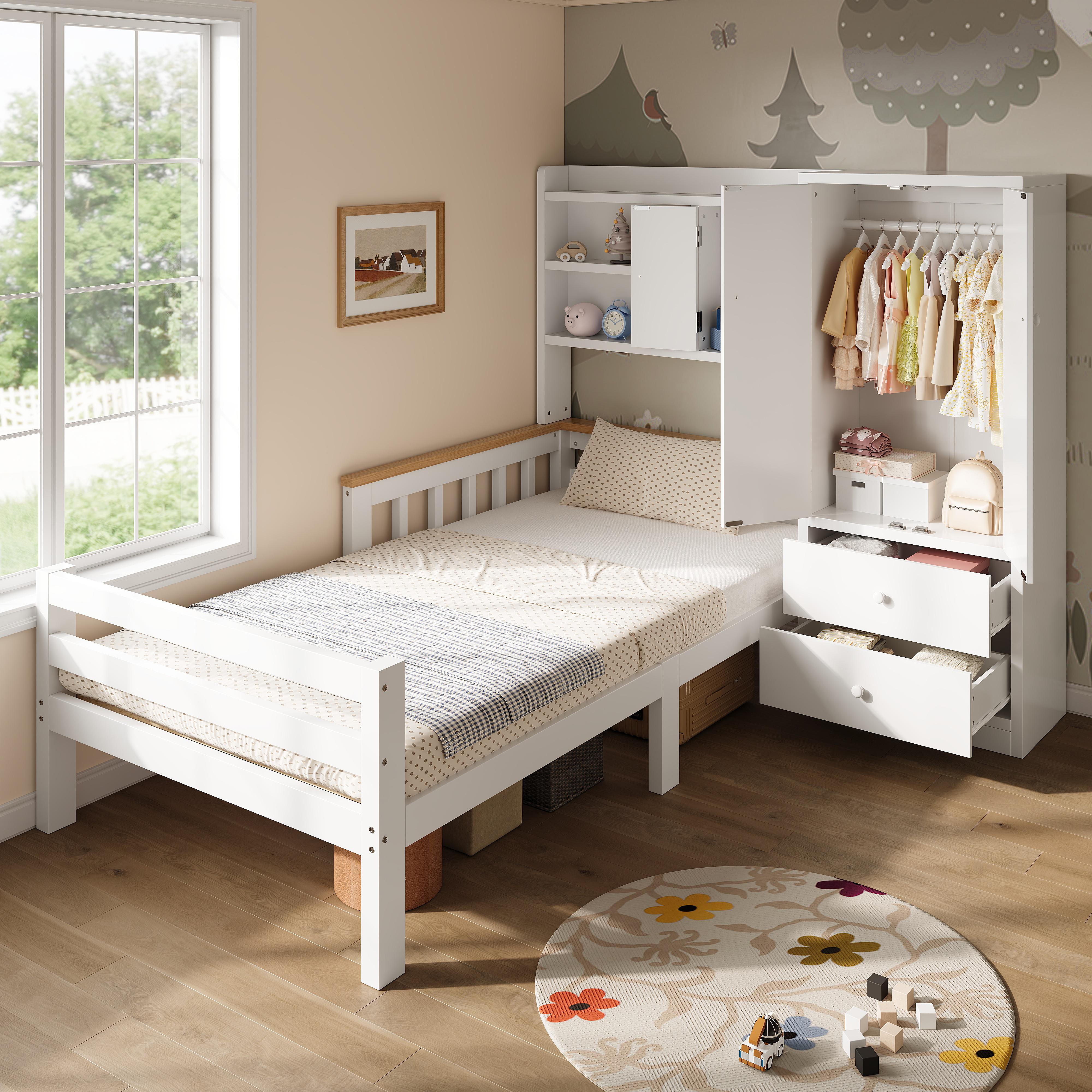LVHOM Kinderbett 90x200cm mit Kleiderschrank, Schubladen & Regalen, Stauraumbett Massivholz mit Rausfallschutz, Multifunktionsbett Jugendbett, Weiß