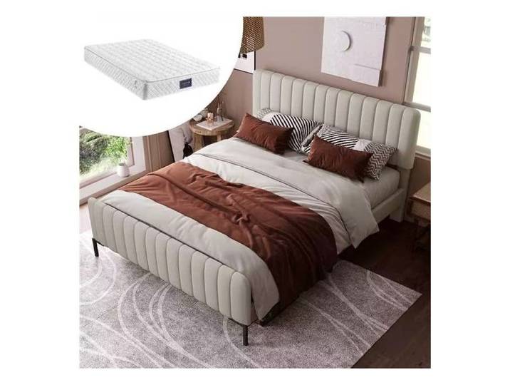 Lit rembourré simple - 160x200 cm - Gris-beige - Tête de lit réglable - Sommier à lattes