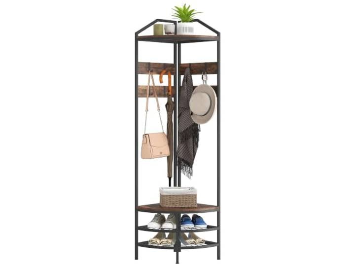 HOMCOM Meuble d'entrée angle Portemanteau 8 Patères Mobiles Brun Rustique Vestiaire à 4 Niveaux\, Rangement pour Chaussures\, 2 Étagères\, Style Industriel\, pour Couloir\, Entrée\, Chambre