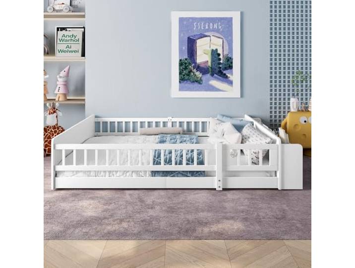 Bellemave Kinderbett 140x200 cm,mit Stauraum & Schutzzaun,Kiefernholz Weiß Flexibel öffnbare Schutzzaun,offene Aufbewahrungsfächer,hohe Tragfähigkeit,modulares Montagedesign,kindgerechte Verarbeitung