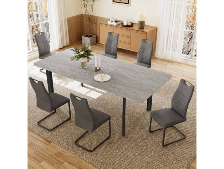 JIEXI Ensemble de table à rallonges avec table à rallonges et 6 chaises(table à manger grise de 160 à 200 cm+6 chaises gris tissu)