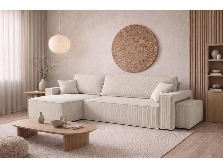 Kaiser Möbel Ecksofa mit Schlaffunktion und Pouf, Cordstoff Poso, Beige, Links, BEST L mit Pouf
