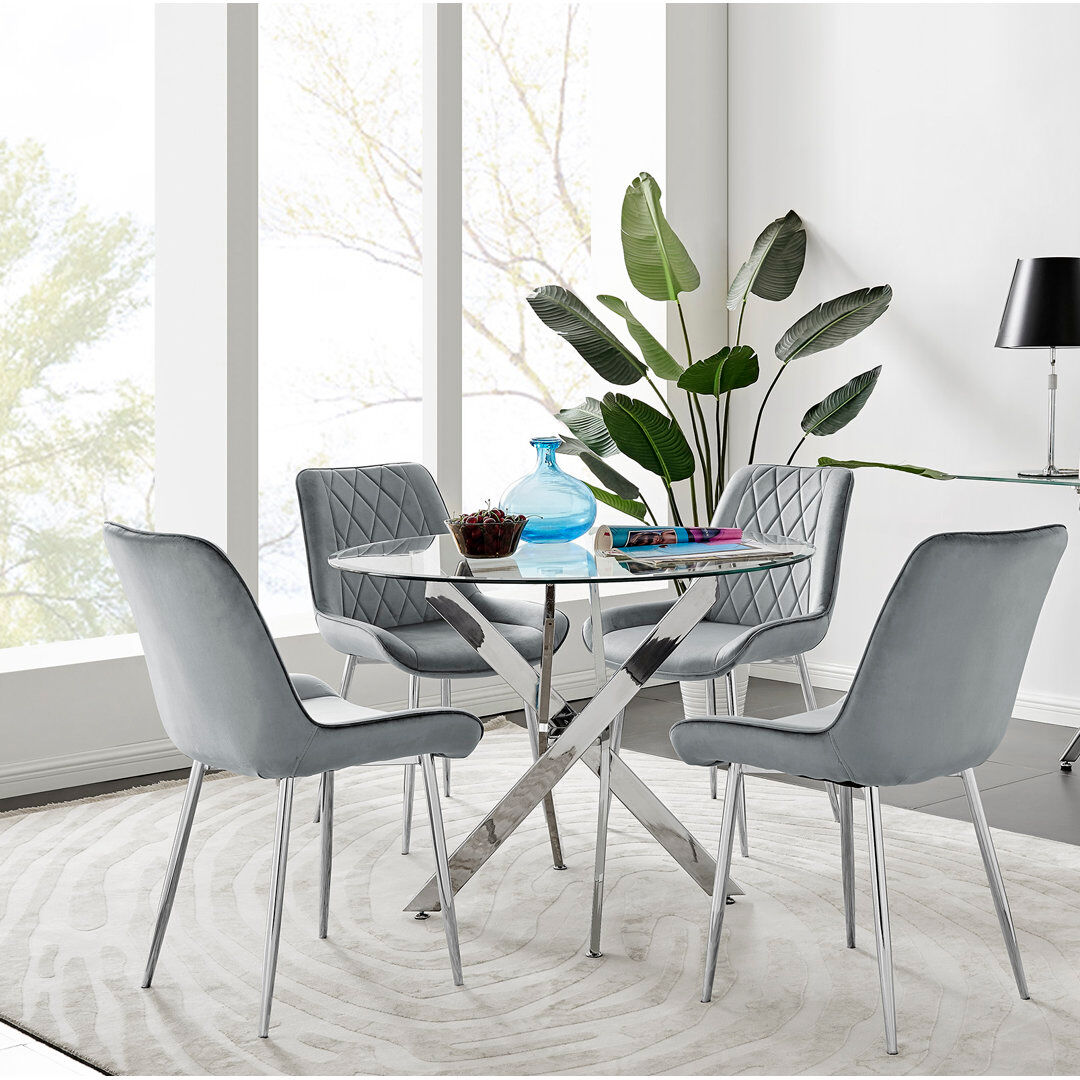 Canora Grey Tierra Modern Metal & Glass Round Dining Table Set with 4 Luxury Velvet Dining Chairs Grey/Silver 4