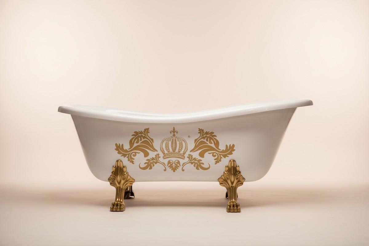Pompöös by Casa Padrino Luxus Badewanne Deluxe freistehend von Harald Glööckler Weiß / Gold / Weiß 1470mm mit goldfarbenen Löwenfüssen