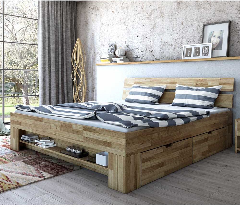 Pharao24.de Schubkastenbett aus Wildeiche Massivholz 47 cm Einstiegshöhe