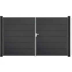 GroJa BasicLine Steckzaun Tor 2-flügelig, 300x180 cm Alu-Rahmen DB 703 Silbergrau DIN links