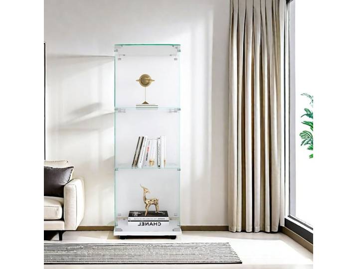 Vitrine en Verre Vitrine en Verre Trempé à Trois Couches Vitrine pour Collection avec Serrure 1 Porte 3 Compartiments Blanc