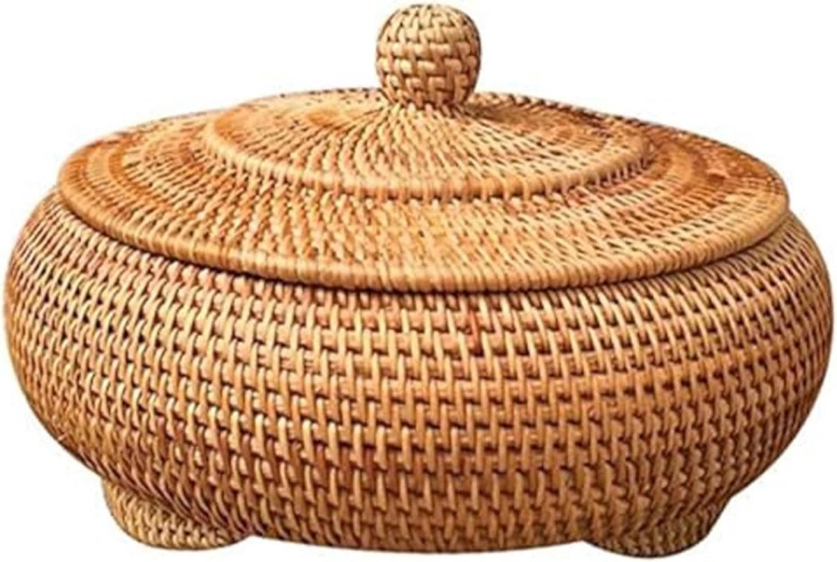 Ronde Rieten Dozen met Deksel - Multifunctionele Wicker Tray voor Opslag en Picknick