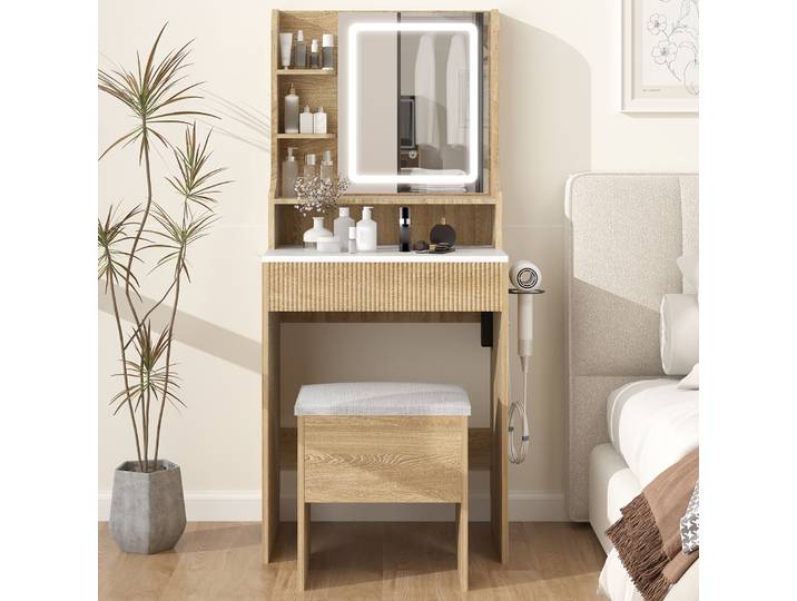 Puluomis Coiffeuse avec miroir et éclairage LED\, coiffeuse avec tabouret rembourré\, 3 modes d'éclairage\, couleur bois