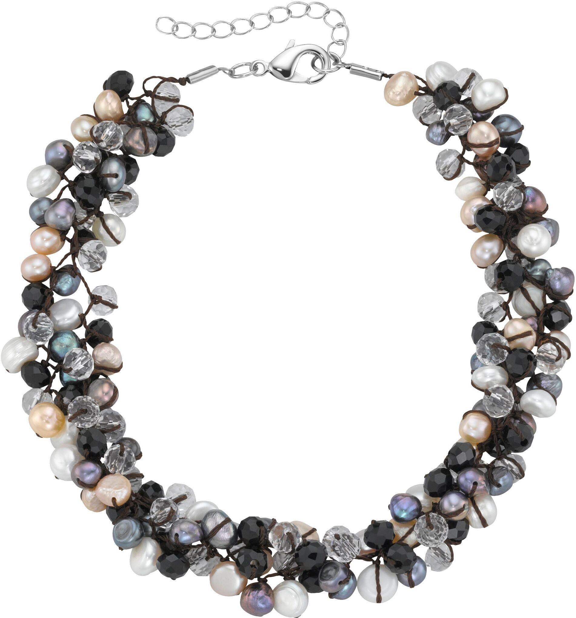 Collier FIRETTI "Schmuck Geschenk Halsschmuck Halskette Kette", braun (silberfarben, braun, weiß, schwarz), Halsketten, Damen, Metall Nylon Perlen, L: 45 B: 20mm, Metall, Nylon, Perlen, Collier, mit Kristallstein - mit Süsswasserzuchtperle, B:20mm silberf