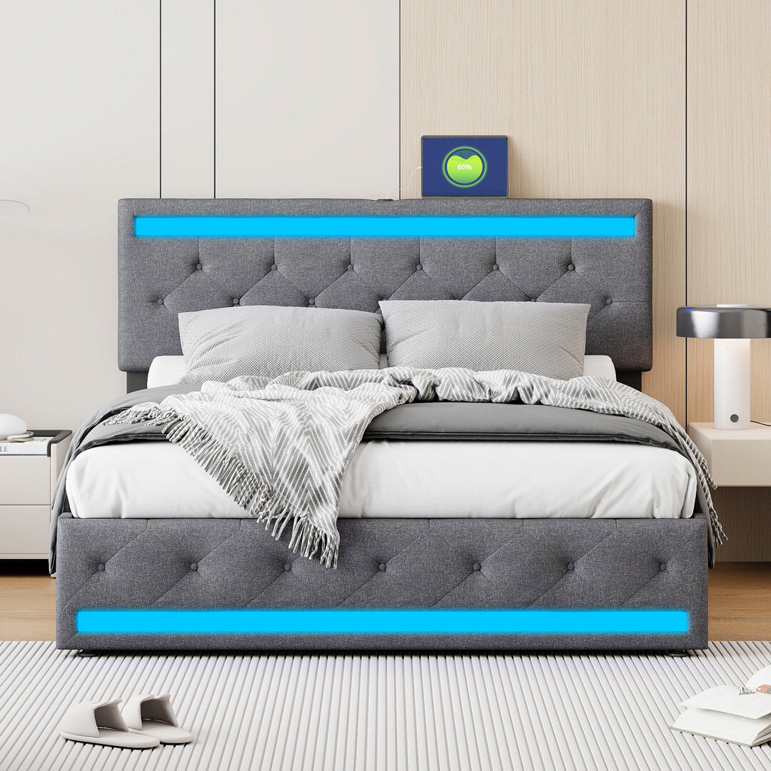 17 Stories Aadi Bed with LED and USB Base, Double Bed with 4 Storage Drawers and Slatted Base, Bed Frame for Adults and Teenagers Grey 150*200cm