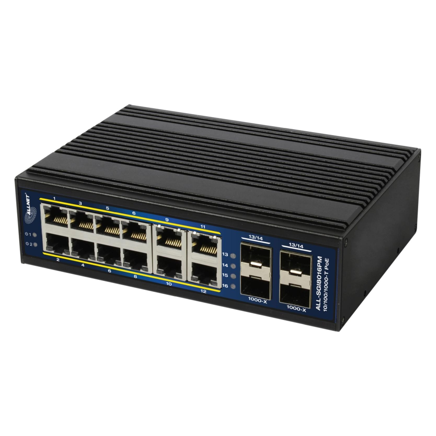 Allnet Switch managed L2+/L3 industrial 16 Port Gigabit / 12x PoE / 4x SFP / Lüfterlos / DIN / IP40 (16 Ports) (ALL-SGI8016PM)